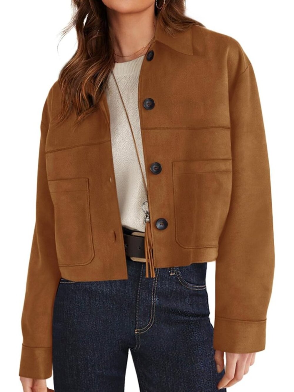 Women's Brown Lightweight Cropped Faux Suede Button Down Shacket Jackets
